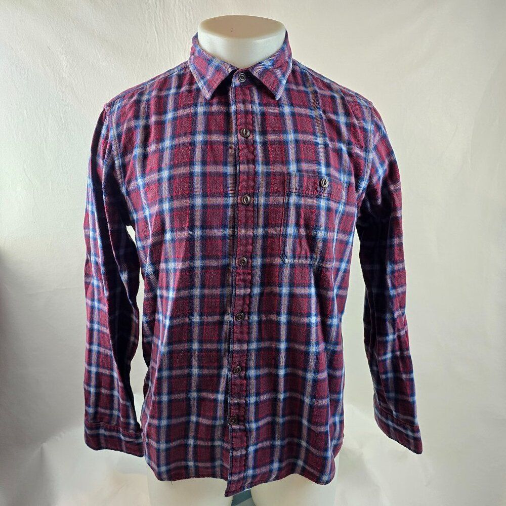Gap Shirt Mens Medium Red Blue Button Up Plaid Flannel Untucked Fit Lightweight